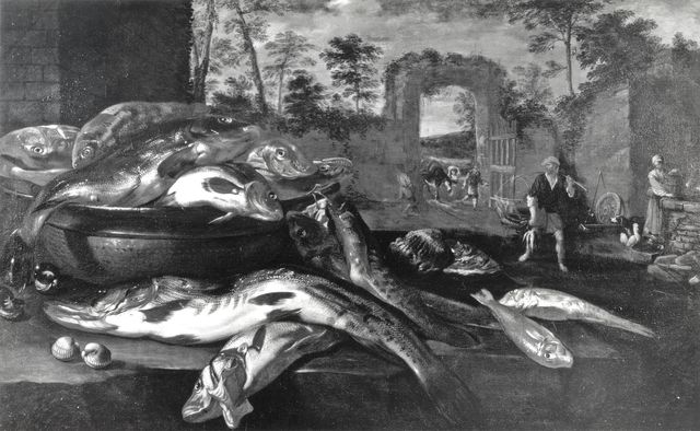Christie's — Recco Elena - sec. XVII/ XVIII - Natura morta con pesci in un cortile — insieme